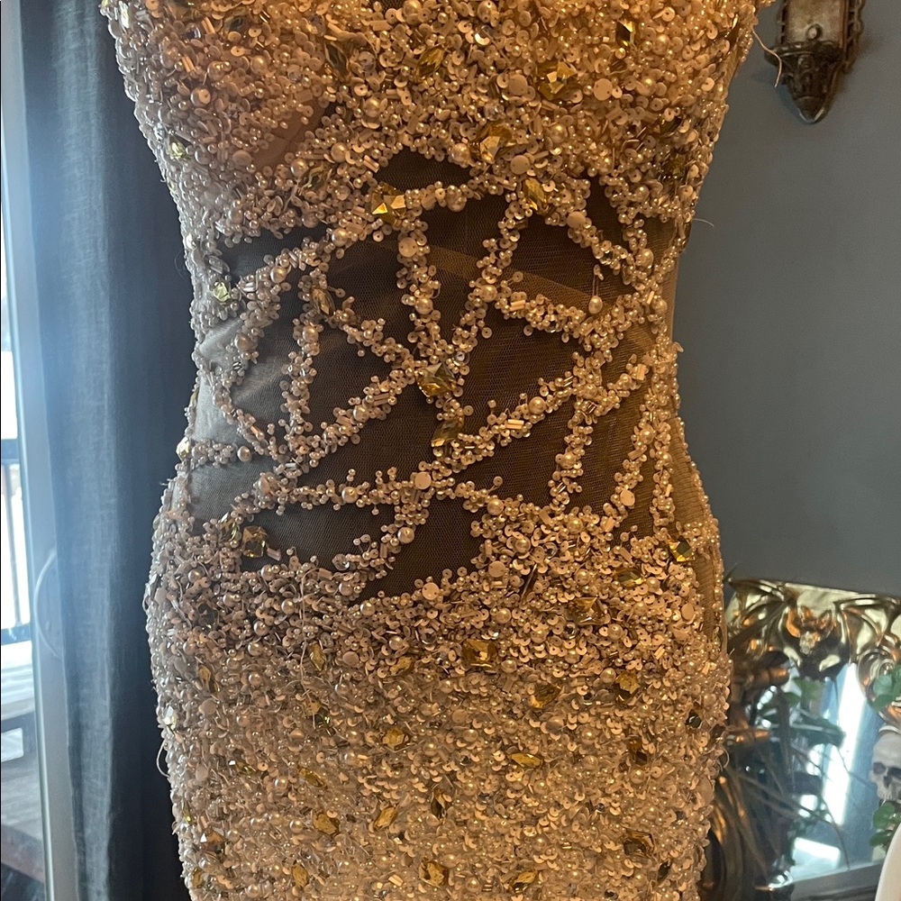 Jovani Cream One-Shoulder Prom Dress - Picture 2 of 9